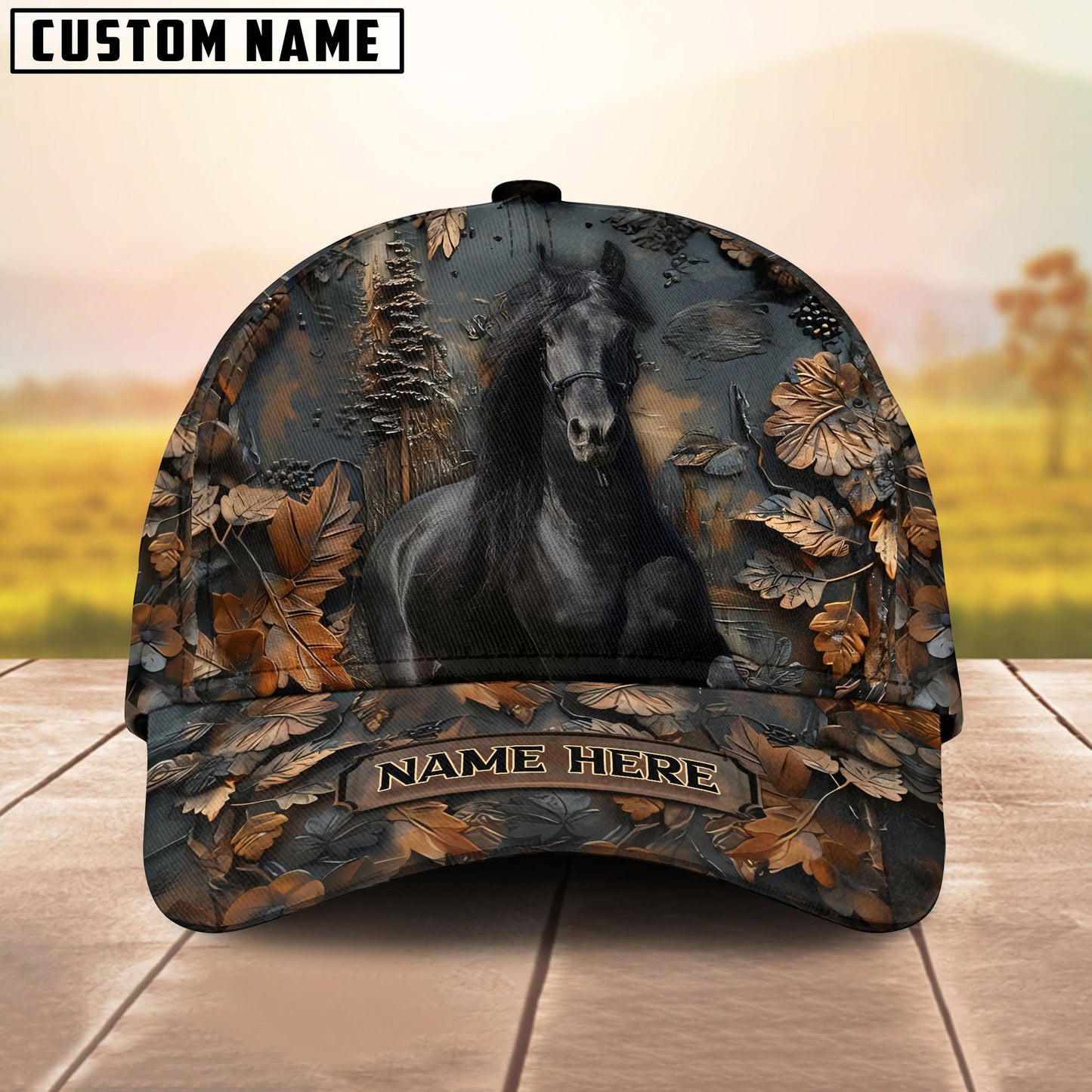 Custom Horse Cap – Personalized Name Brown Horse Camo Hat for Horse Lovers -Friesian
