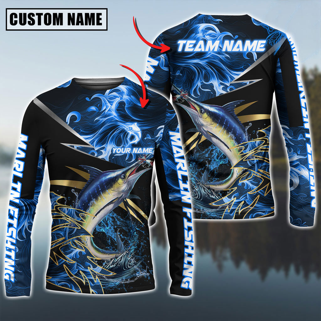 Marlin Fishing Blue Flame Premium Golden & Silver Line Pattern Custom Name & Team Name 3D Shirts
