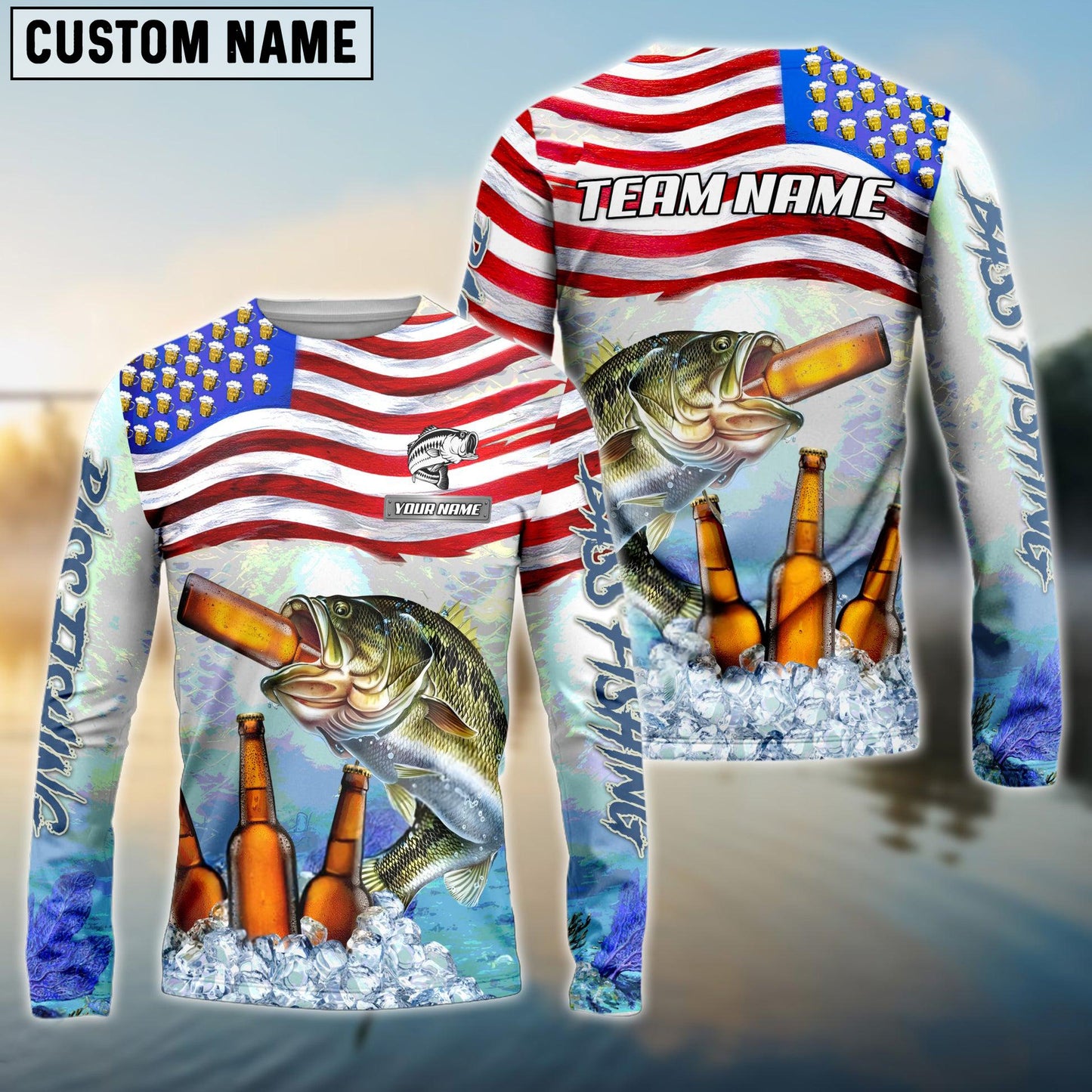 Bass Fishing American Flag Beer Custom Name & Team Name 3D Shirts
