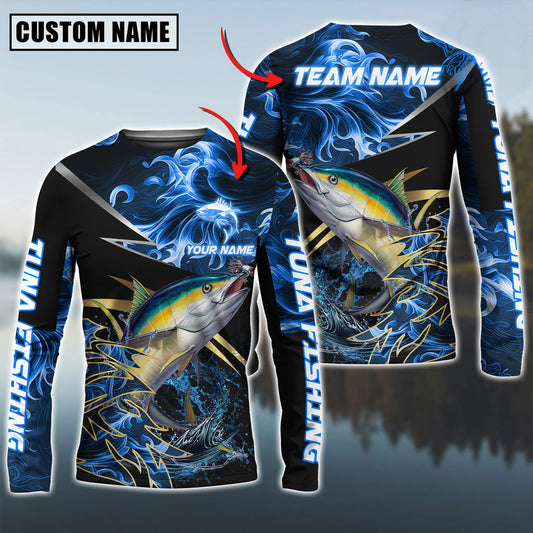 Tuna Fishing Blue  Flame Premium Golden & Silver Line Pattern Custom Name & Team Name 3D  Shirts