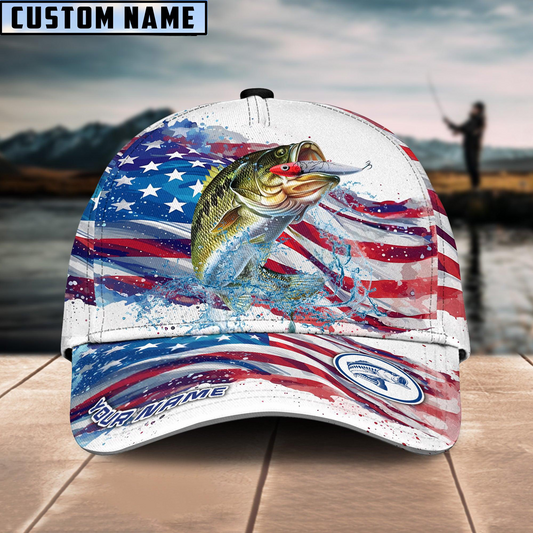 Bass Fishing  Watercolor USA Flag  Personalized Cap