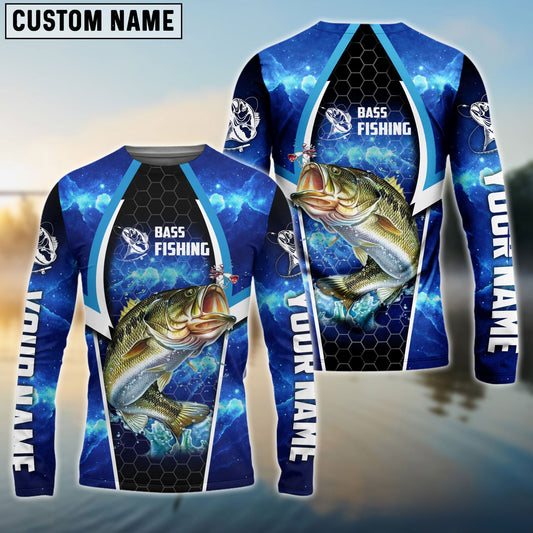 Bass Fishing Blue Galaxy Custom Long Sleeve Performance Fishing Shirts