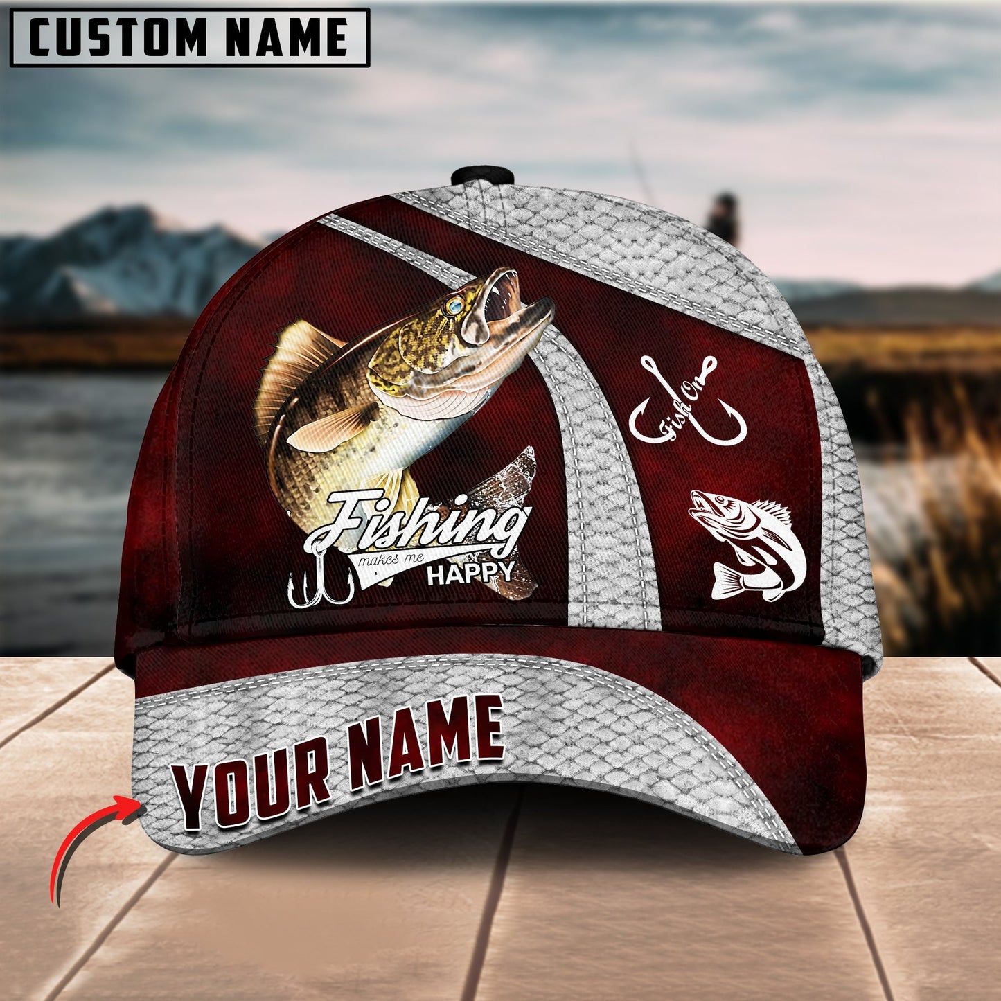 Custom Name Walleye Fishing Red Cap