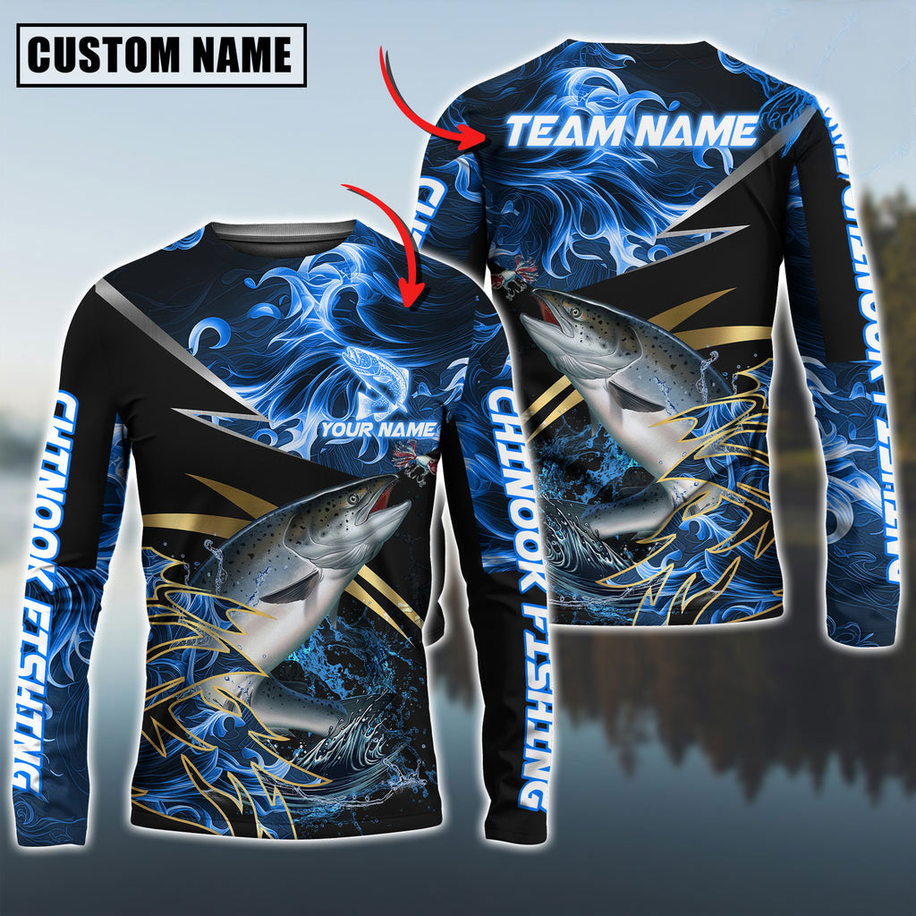 Salmon Fishing Blue Flame Premium Golden & Silver Line Pattern Custom Name & Team Name 3D Shirts