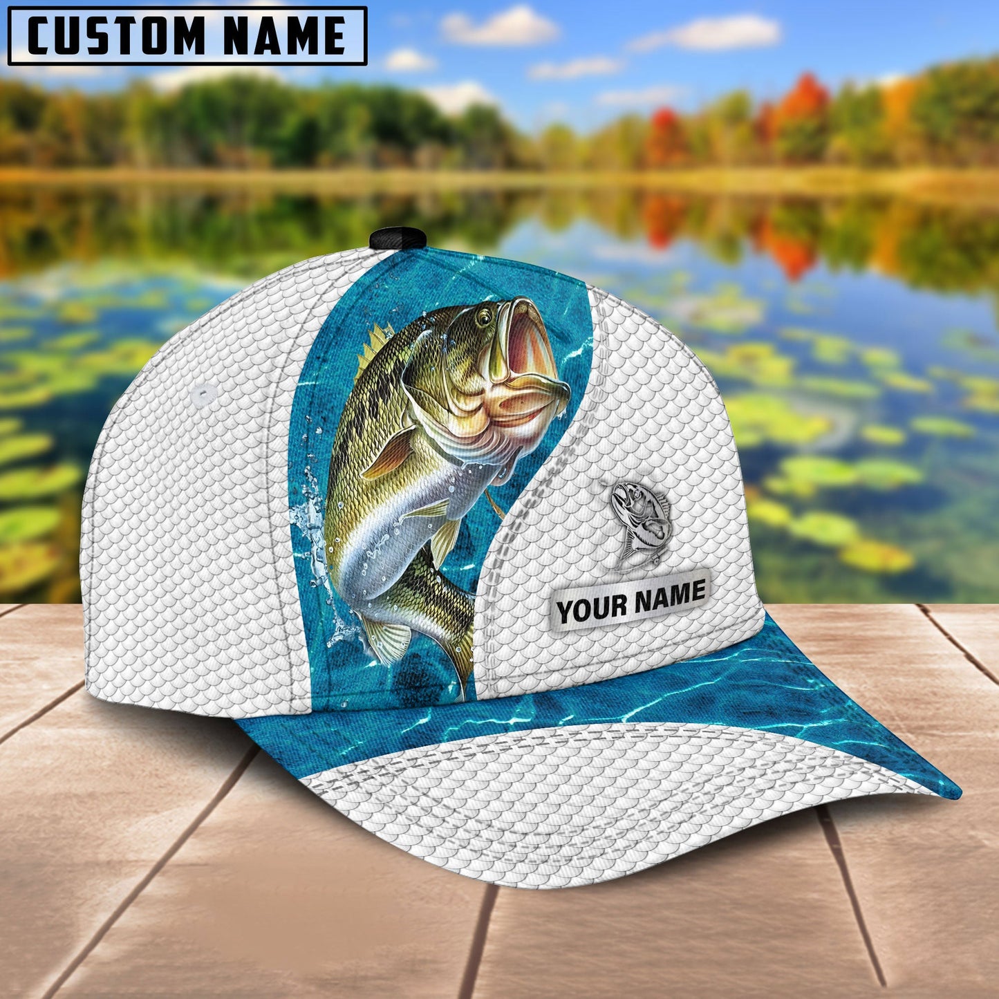 Custom Name Bass Fishing Blue Water Cap