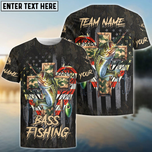 Bass Fishing  American Flag Camo Cross  Gear Custom Name & Team  Name 3D Shirts