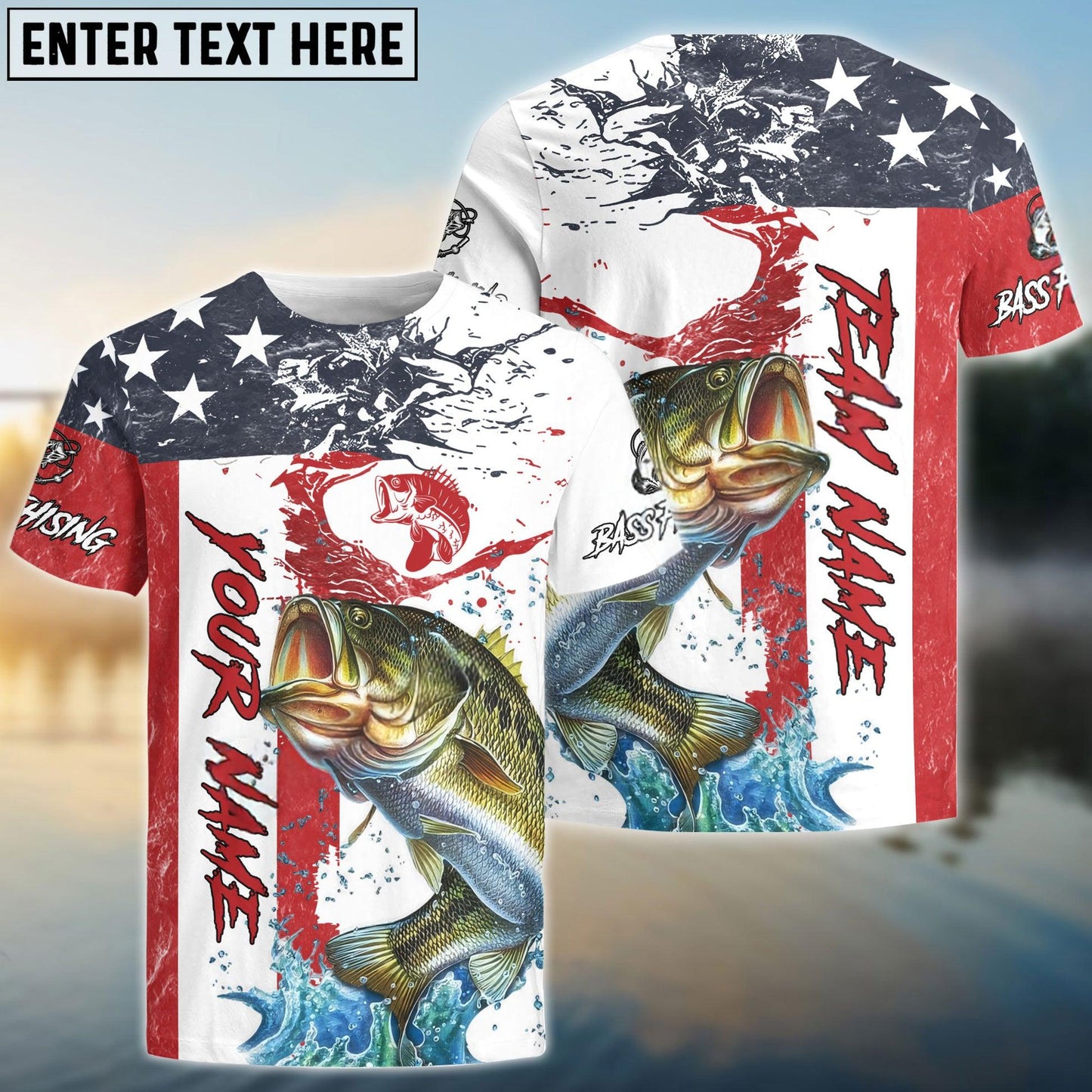 Bass Fishing  American Flag Red Blue  Seawave Custom Name & Team Name 3D Shirts