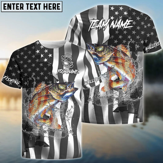 Walleye Fishing Black American Flag Sport Custom Name & Team Name 3D Shirts