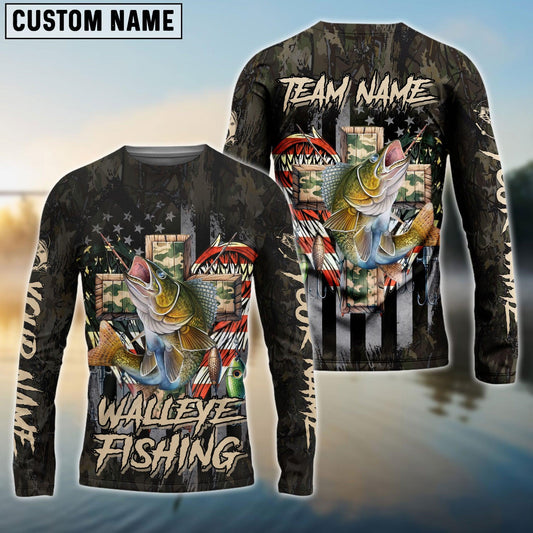 Walleye Fishing  American Flag Camo Cross  Gear Custom Name & Team  Name 3D Shirts
