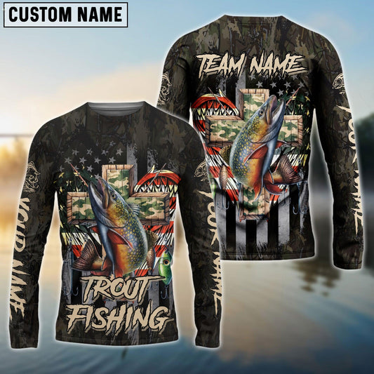 Trout Fishing  American Flag Camo Cross  Gear Custom Name & Team  Name 3D Shirts