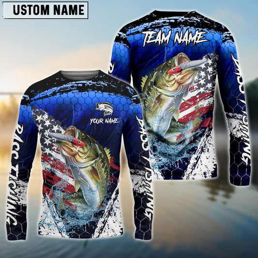 Bass Fishing Dark Blue Scratch American Flag scratch Sport Custom Name & Team Name 3D Shirts