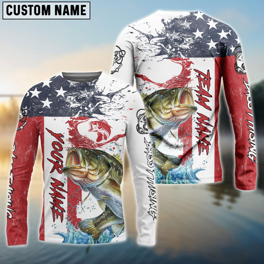 Bass Fishing  American Flag Red Blue  Seawave Custom Name & Team Name 3D Shirts