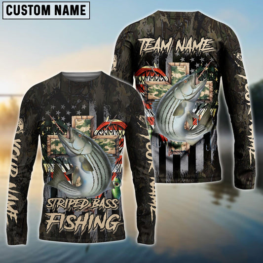 Striped Bass Fishing American Flag Camo Cross Gear Custom Name & Team Name 3D Shirts