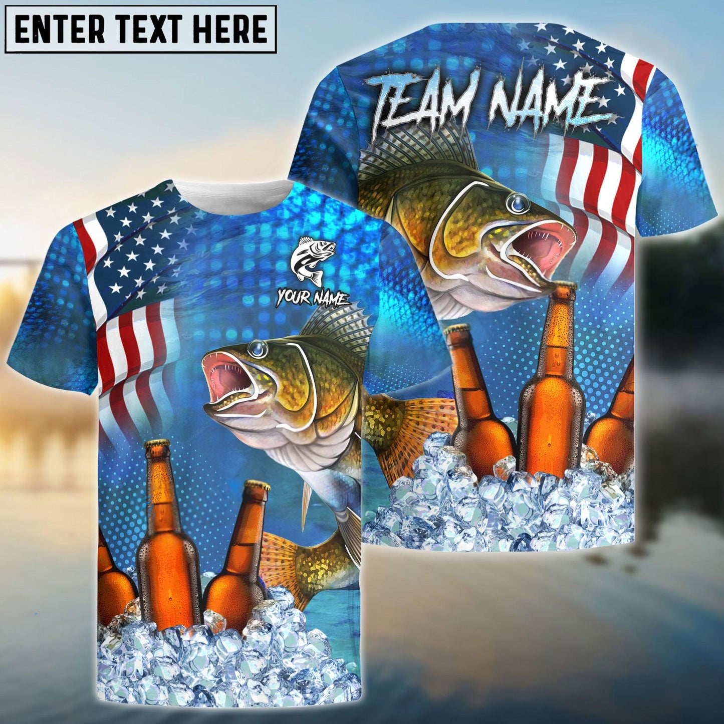 Walleye Fishing Beer USA Flag Custom Name & Team Name Shirts