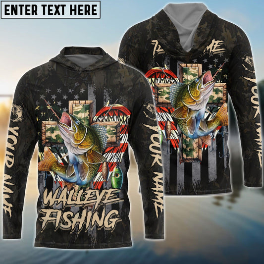 Walleye Fishing  American Flag Camo Cross  Gear Custom Name & Team  Name 3D Shirts