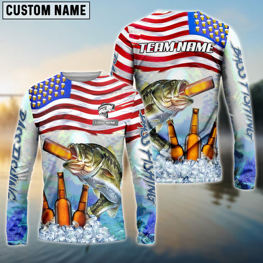 Bass Fishing American Flag Beer Custom Name & Team Name 3D Shirts