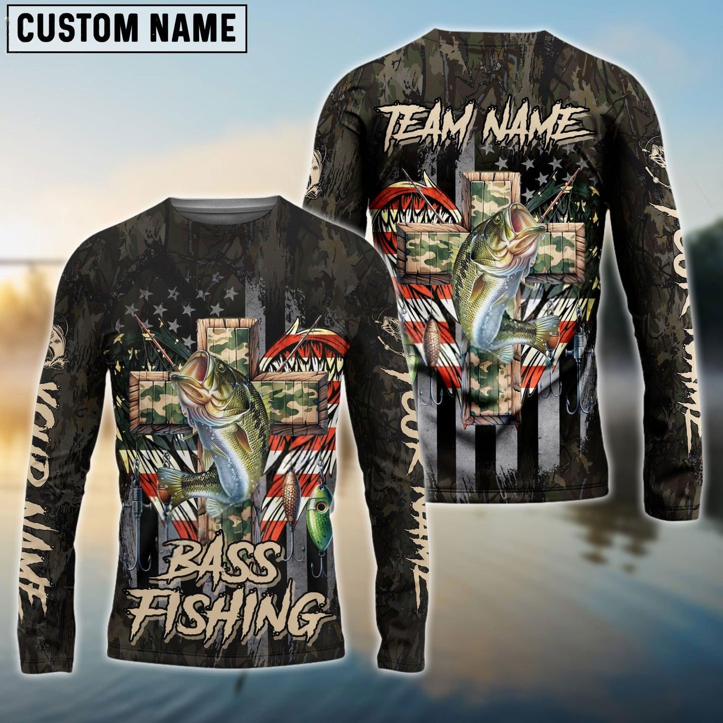 Bass Fishing  American Flag Camo Cross  Gear Custom Name & Team  Name 3D Shirts