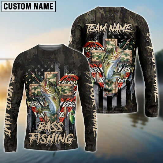 Bass Fishing  American Flag Camo Cross  Gear Custom Name & Team  Name 3D Shirts