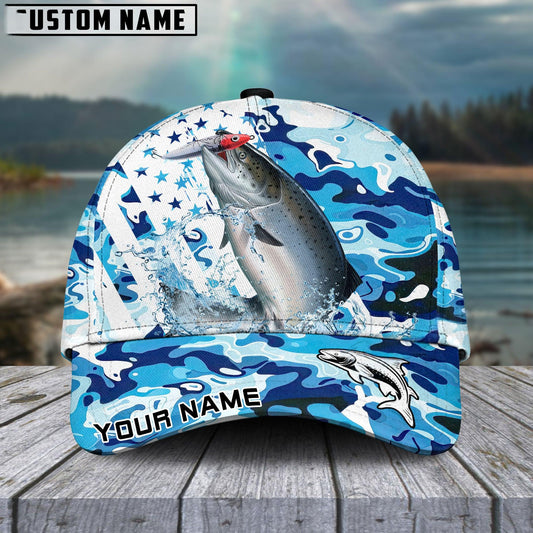 Salmon Fishing Blue  White American Flag  Personalized Cap