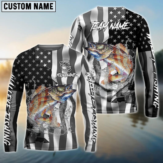 Walleye Fishing Black American Flag Sport Custom Name & Team Name 3D Shirts