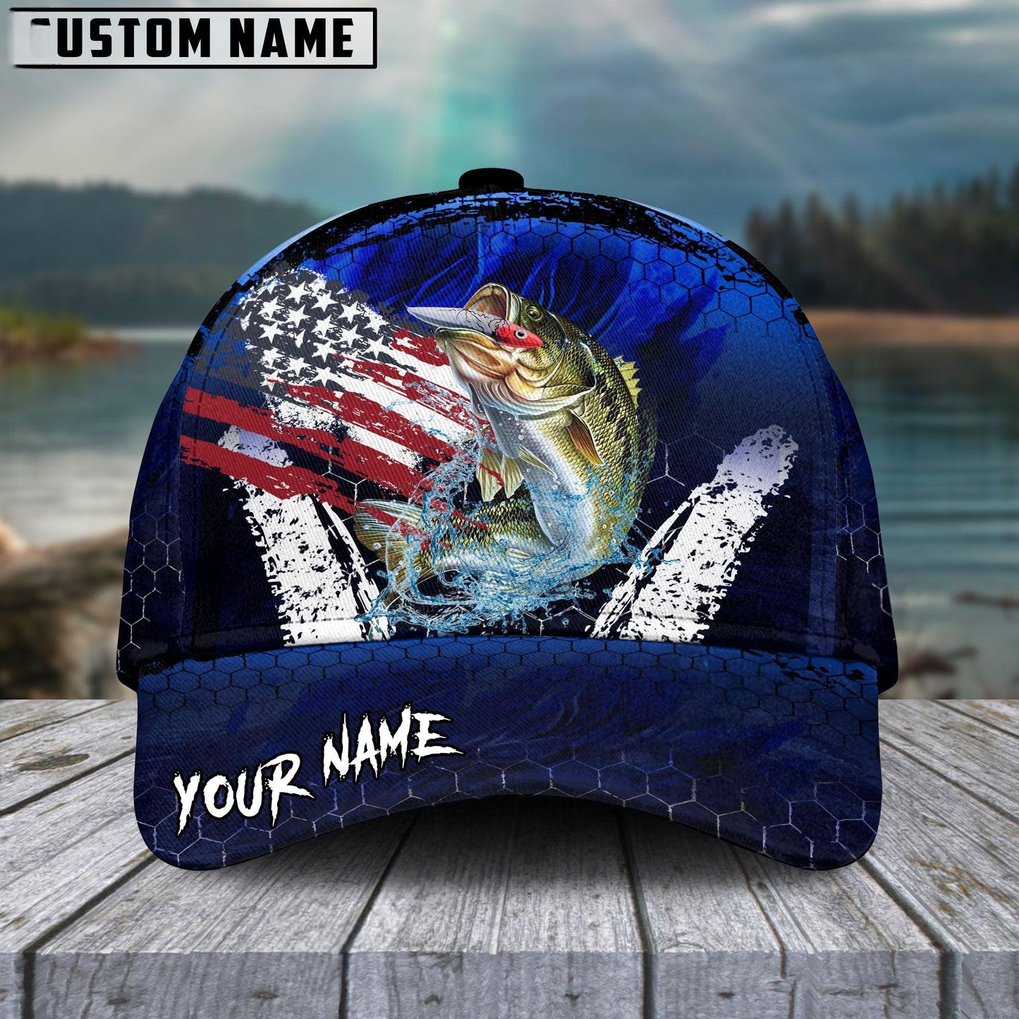 Bass Fishing Dark Blue Scratch American Flag scratch Sport Personalized Cap