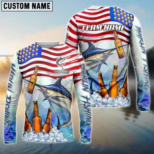Marlin Fishing American Flag Beer Custom Name & Team Name 3D Shirts